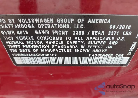 2016 Volkswagen Passat 1.8T Se из США, поврежденный, VIN 1VWBS7A35GC066182